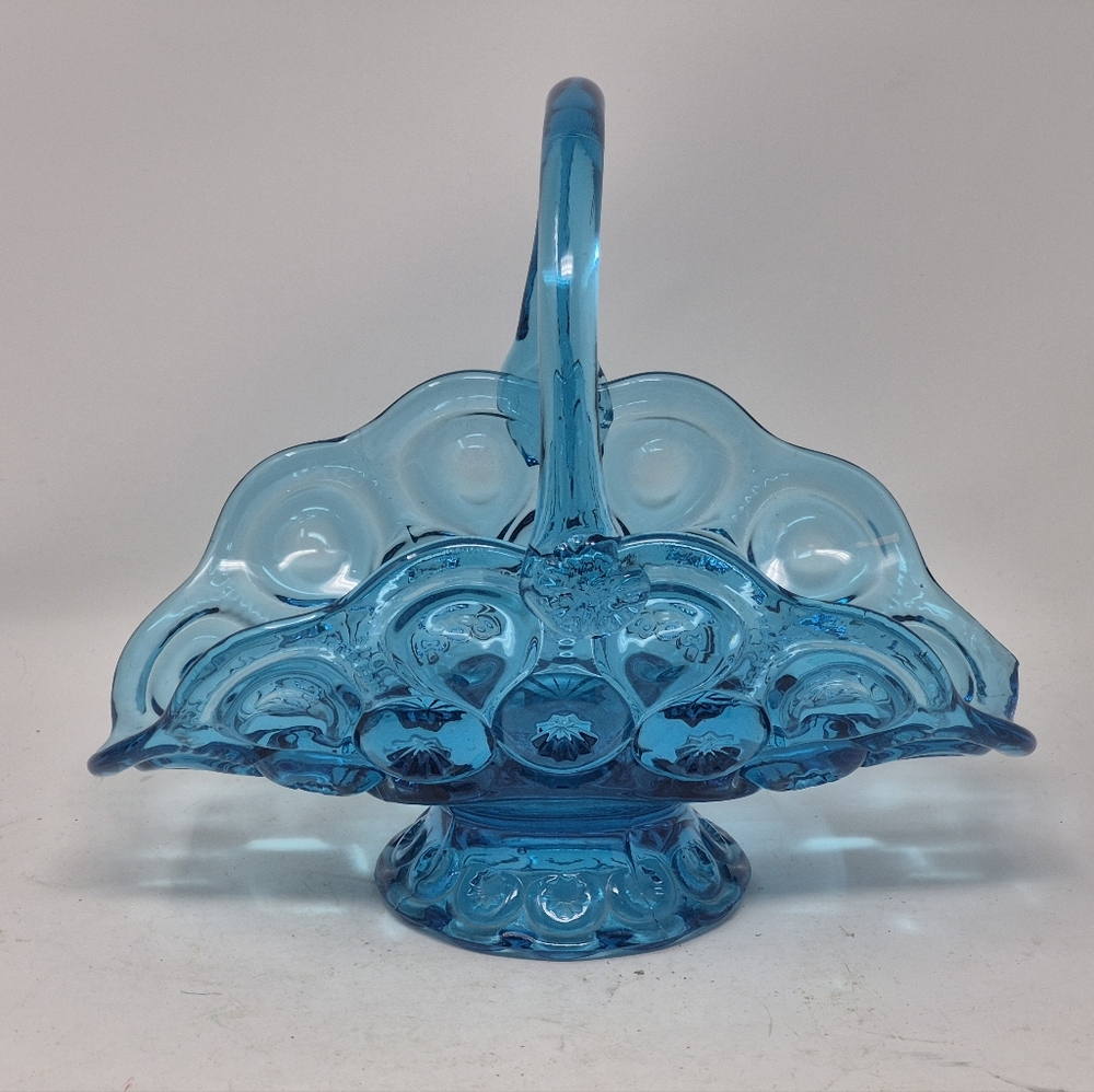 Vintage L E Smith Blue Glass Moon & Stars Decorative Basket